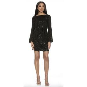 Alexia Admor Val Black Sequin Bishop Sleeve Short Belted Cocktail Dress Size S